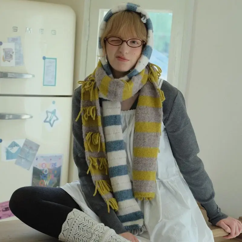 

652F милый вязаный шарф в полоску, осенне-зимний теплый шейный платок, женская мода для женщин и девочек, вечерние, день