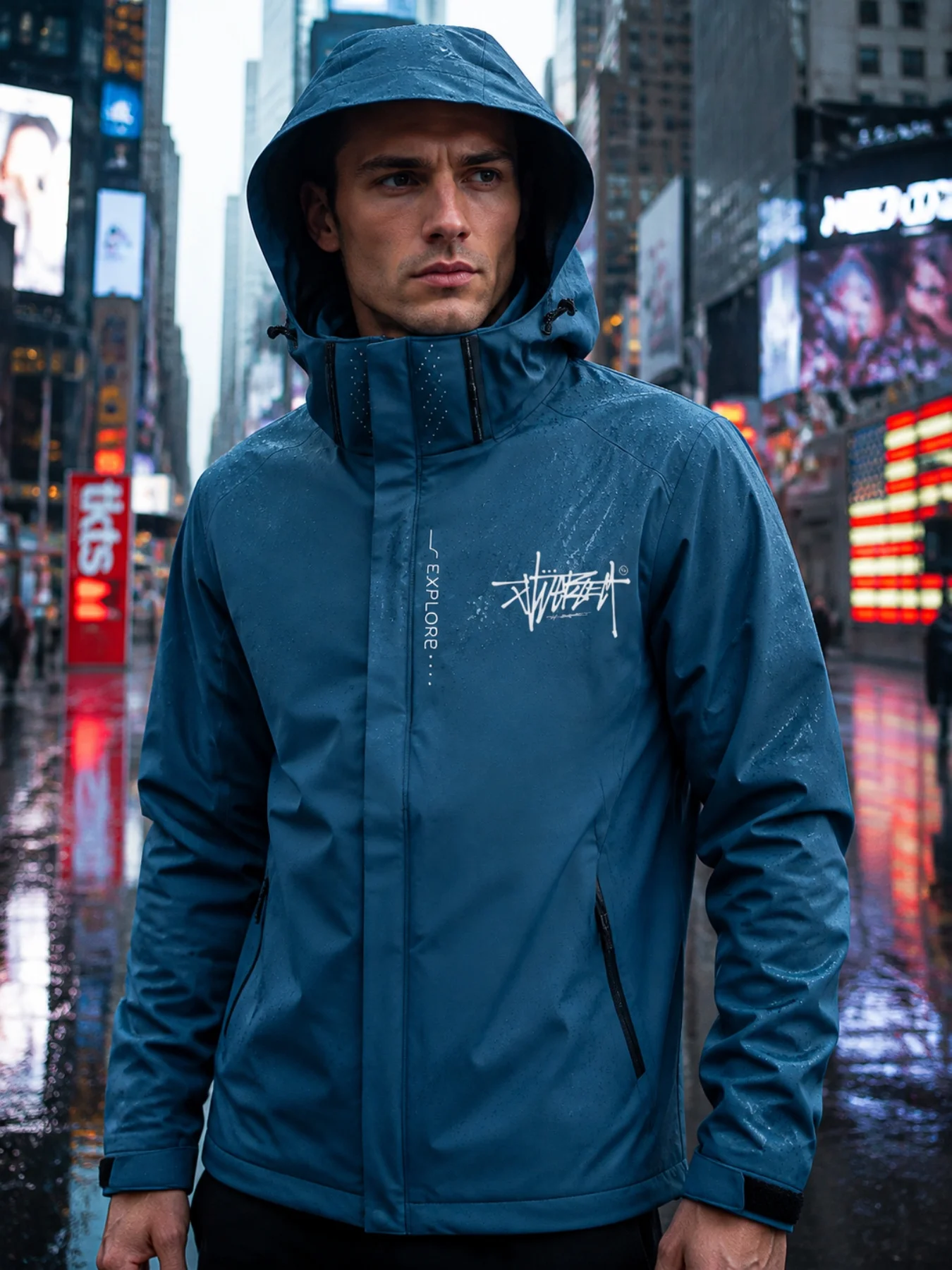 Cool handwritten graffiti printed sweatshirt, detachable hooded windproof and rainproof coat, outdoor commuting zip-up jacket