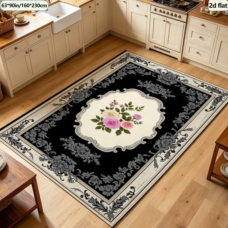 Gothic Vintage Rose Floral Carpet Flooring Ornate Frame Square Area Rug Non‑Slip Washable Floor Mat for Indoor Home Decoration
