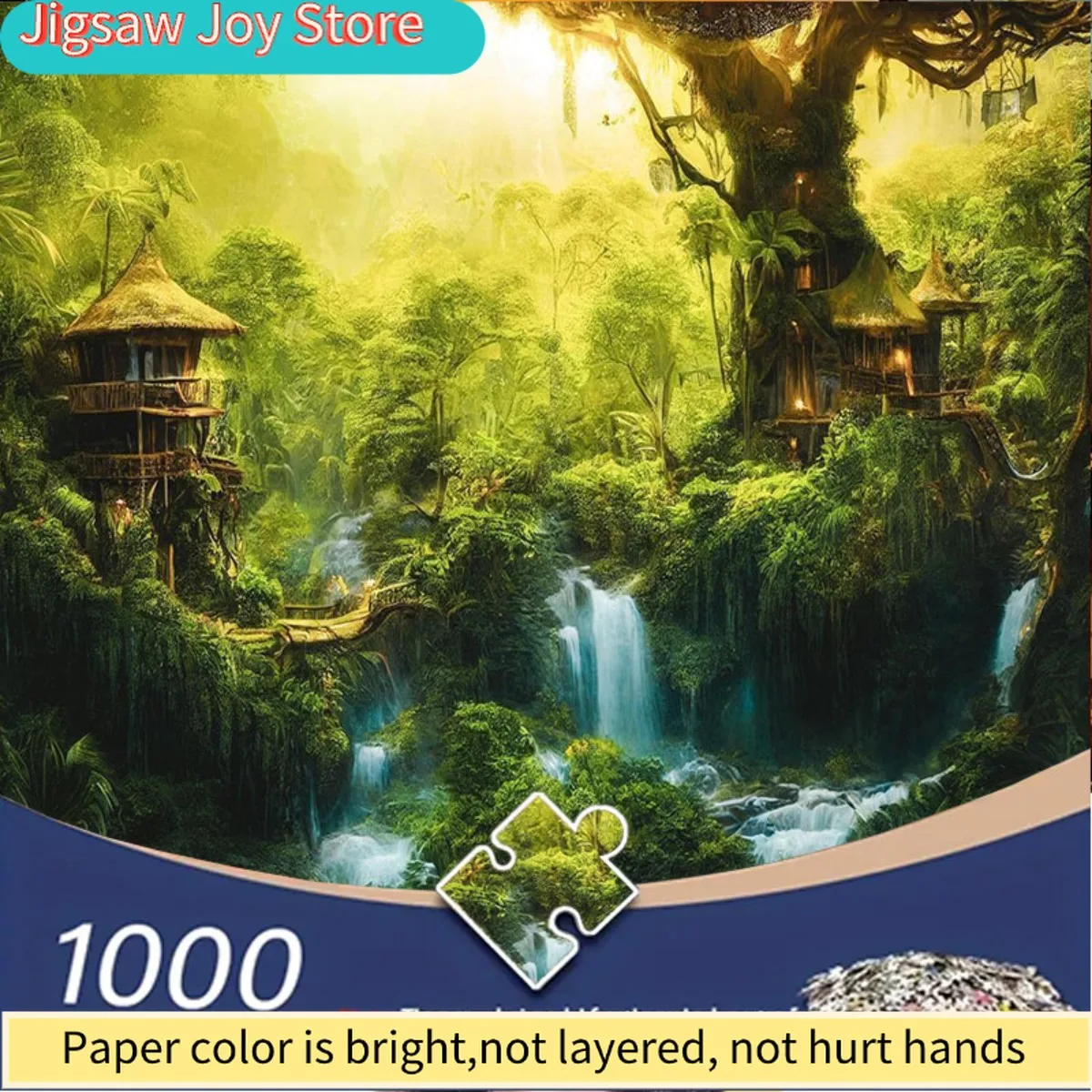 

Пазл из 1000 деталей для взрослых с изображением причудливой лесной сцены с водопадами и соломенными домиками, наслаждающимися солнечным светом.