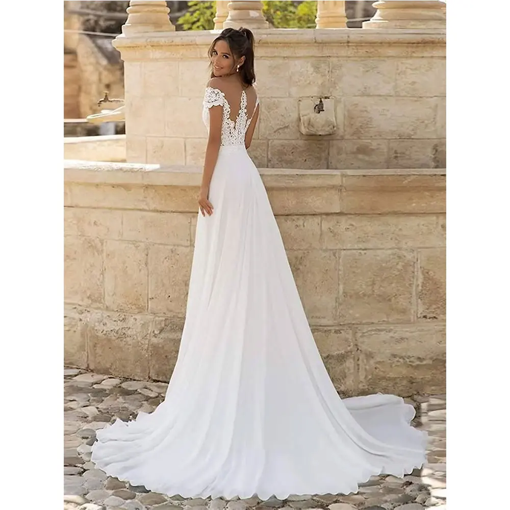 Robe blanche en mousseline de soie pour les patients, décolleté plongeant en V, sexy, fendue sur le côté, avec des appliques en dentelle, avec traîne, pour l'été, pour les occasions de mariage à la plage