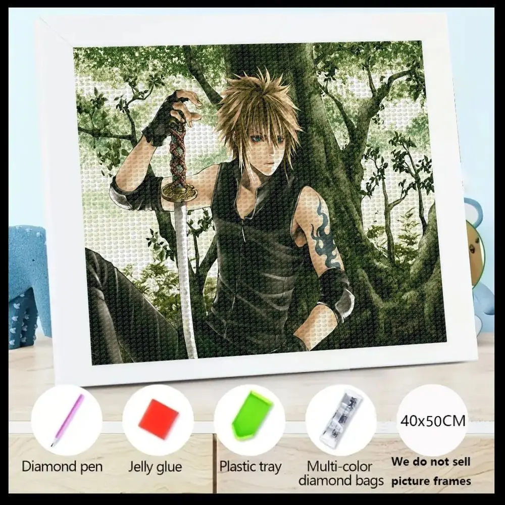 

1 шт. 5D DIY Набор для алмазной живописи - Молодой человек с колючими светлыми волосами, синей племенной татуировкой, держит катану на большой фоне дерева