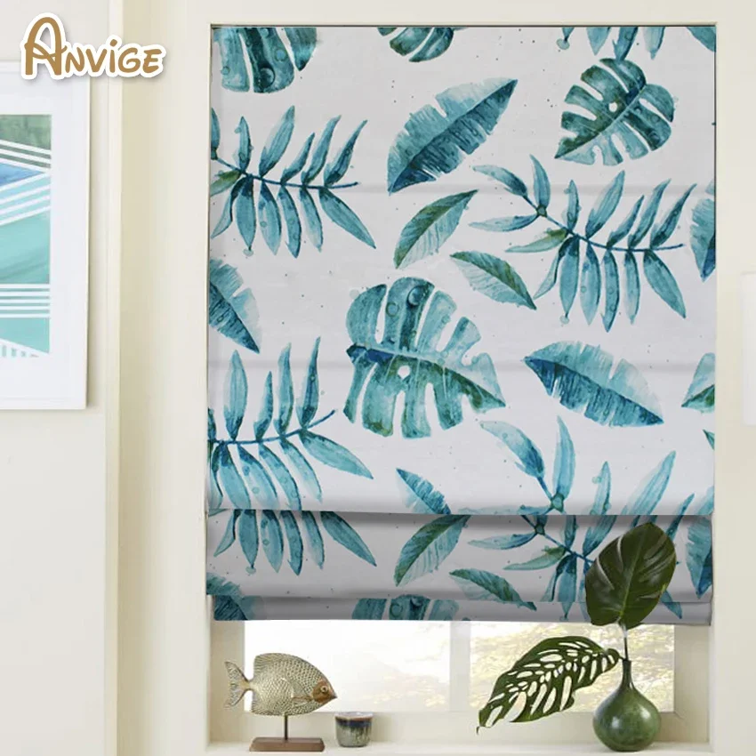 Anvige Pastoral Leaf Printed Roman Shade Rollor Blind Window Curtains For Living Room