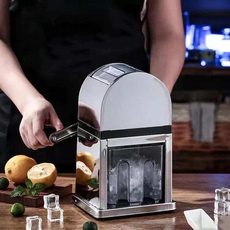 Manual Ice Crusher Machine with Stylish Mirrored Finish - Includes an Ice Tray and Scoop Bar Tools