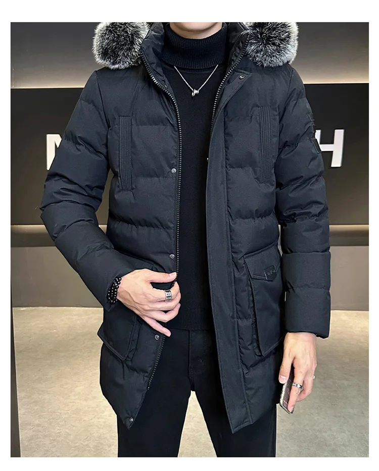 Autumn Winter Main Push Mid Length Solid Color Hooded Cotton Coat For Men Plus Size Korean Style Thick Warm Unisex Youth Trendy