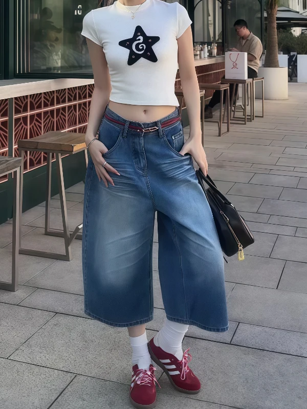 

American Style Vintage Light Blue Denim Seven-Foot Pants Women's Street Summer Loose Short Jeans High Waist Wide Leg Jeans
