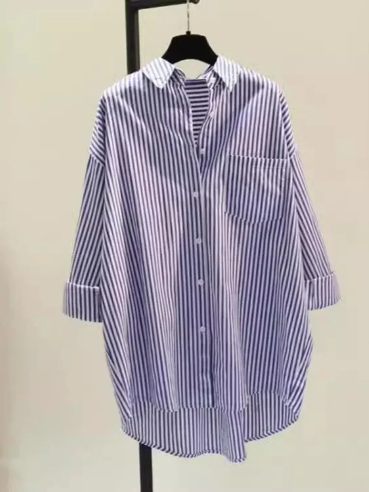 

European and American Women's Loose Vertical Stripes Medium Length Casual Fashion Women's Shirt 2024 New Fashion Female Clothing