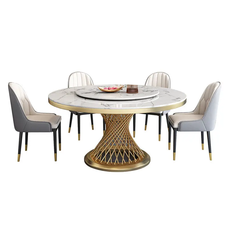 K*-Luxury Round Marble Dining Table with Lazy Susan Gold Metal Woven Base &Turntable Modern Kitchen Table for 6-8 People