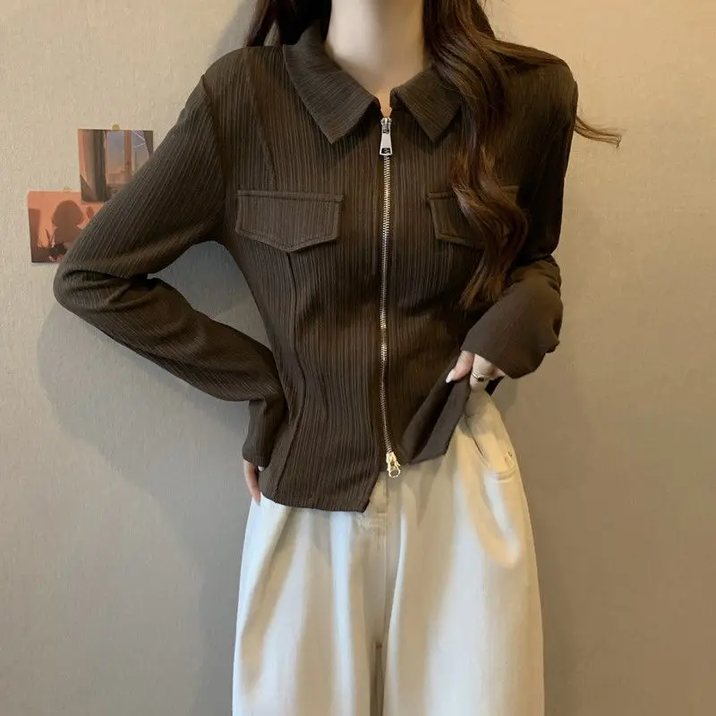 

Women Polo Shirt Long Sleeve Top Double Zipper Slim Fit Casual Blouse for Spring Autumn Winter Belly Covering Fashion Basic Tee​