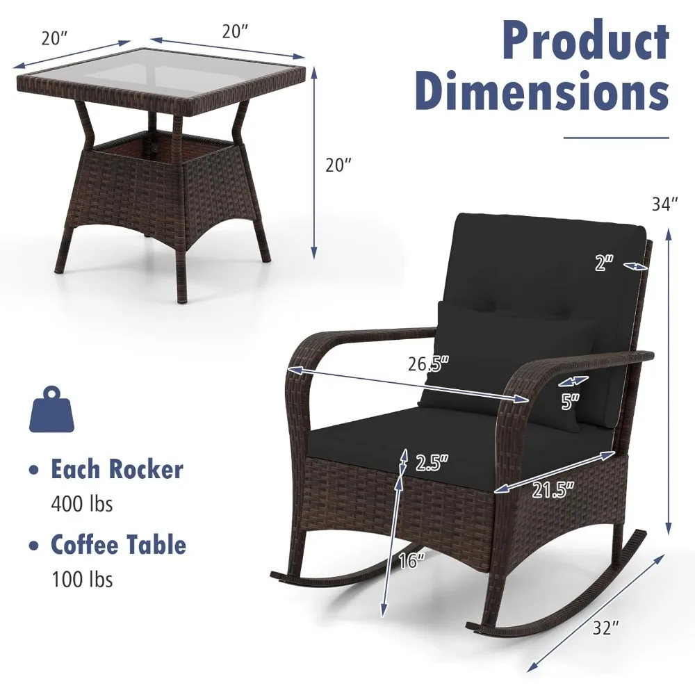 3 Pieces Rocking Bistro Set, Patiojoy Outdoor PE Rattan Rocker Chairs with Removable Cushions & Tempered Glass Top Coffee Table