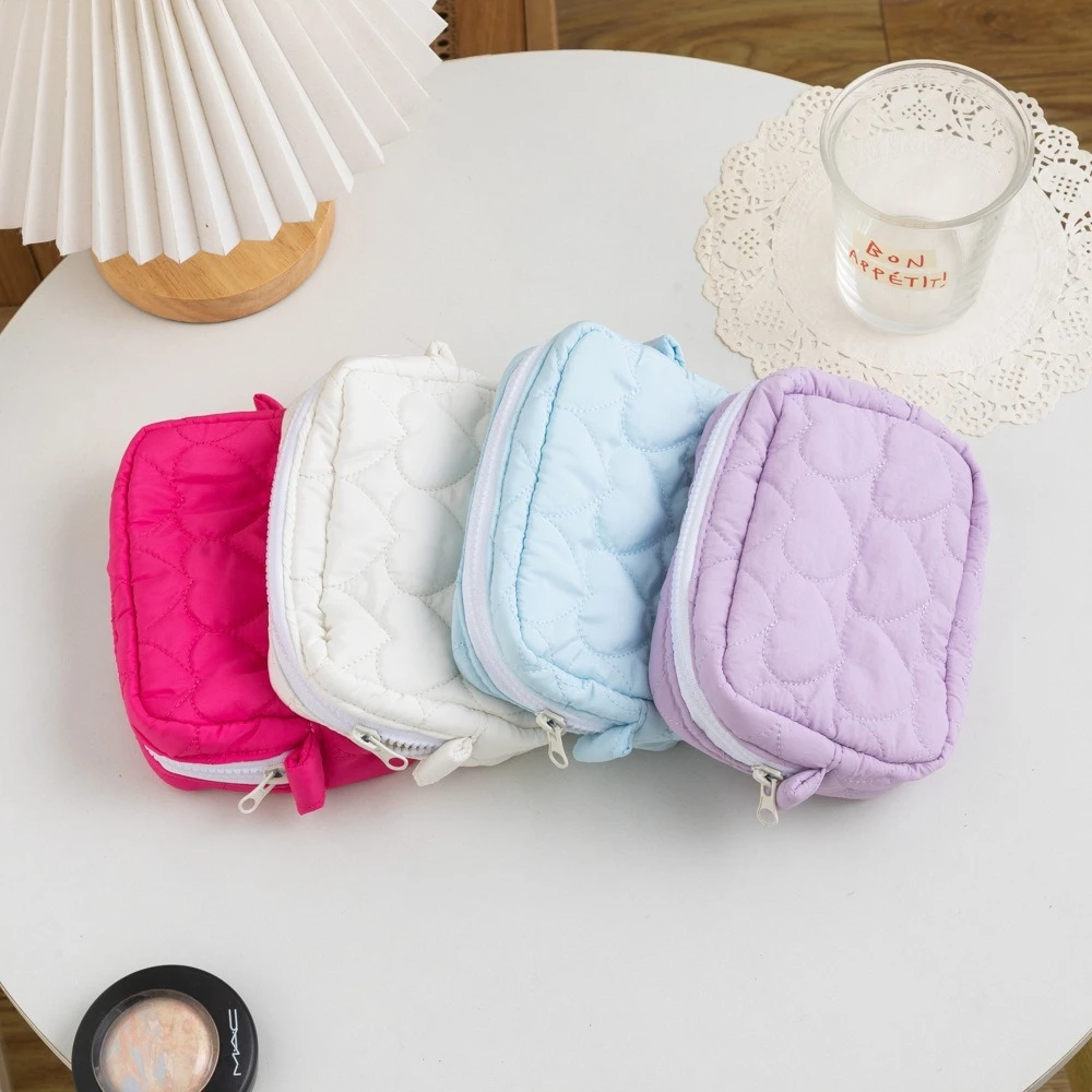 Women Cosmetic Bag Candy Color Cute Storage Bag Mini Portable Cotton Filled Quilted Love Hand held Makeup Storage Bags Ladies