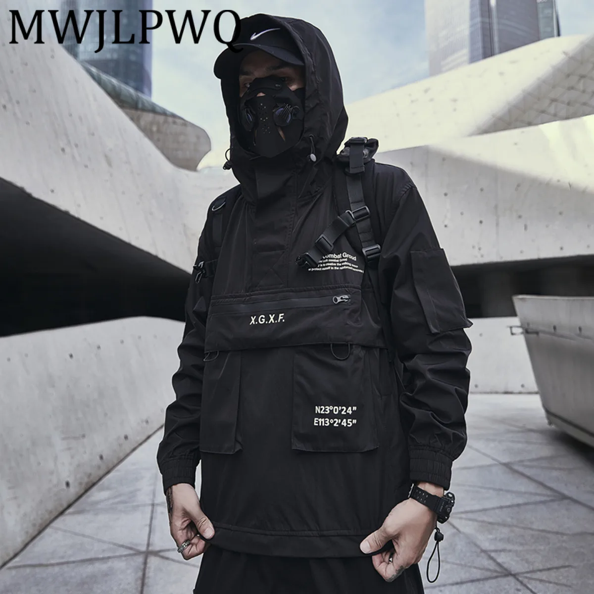 

MWJLPWQ Men's Trend Functional Windbreaker Half-Zip Trench Coat Dark Style High Street Hooded Casual Tactical Jacket Tide 21297