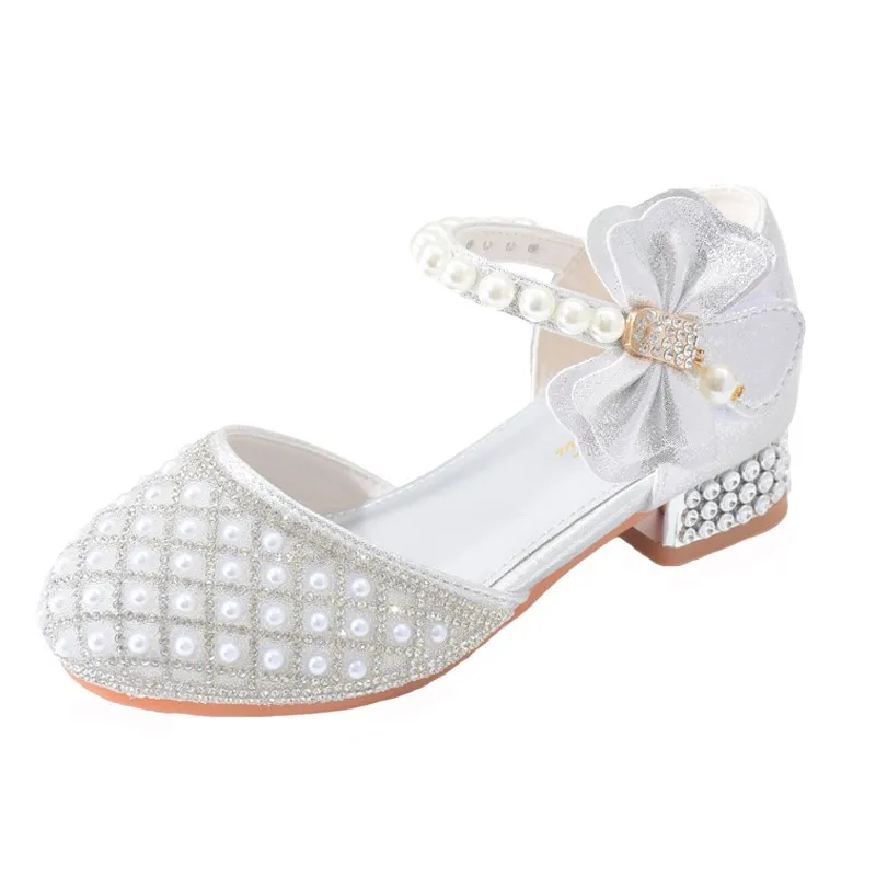 New Girls High Heels for Kids Pearl Teen Crystal Party Princess Sandals Child Wedding Formal Leather Shoes Girls Party Footwear