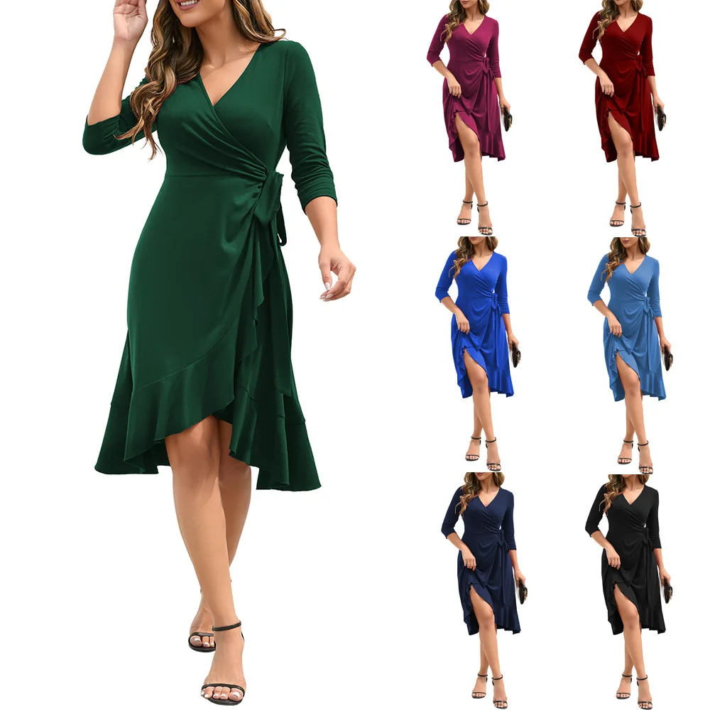 فساتين حريمي أناقة عادية الدانتيل متابعة القوس ميدي فستان أنثى خمر بلون الخامس الرقبة فستان محكم من عند الصدر ويتدلى بشكل واسع بأكمام طويلة #1