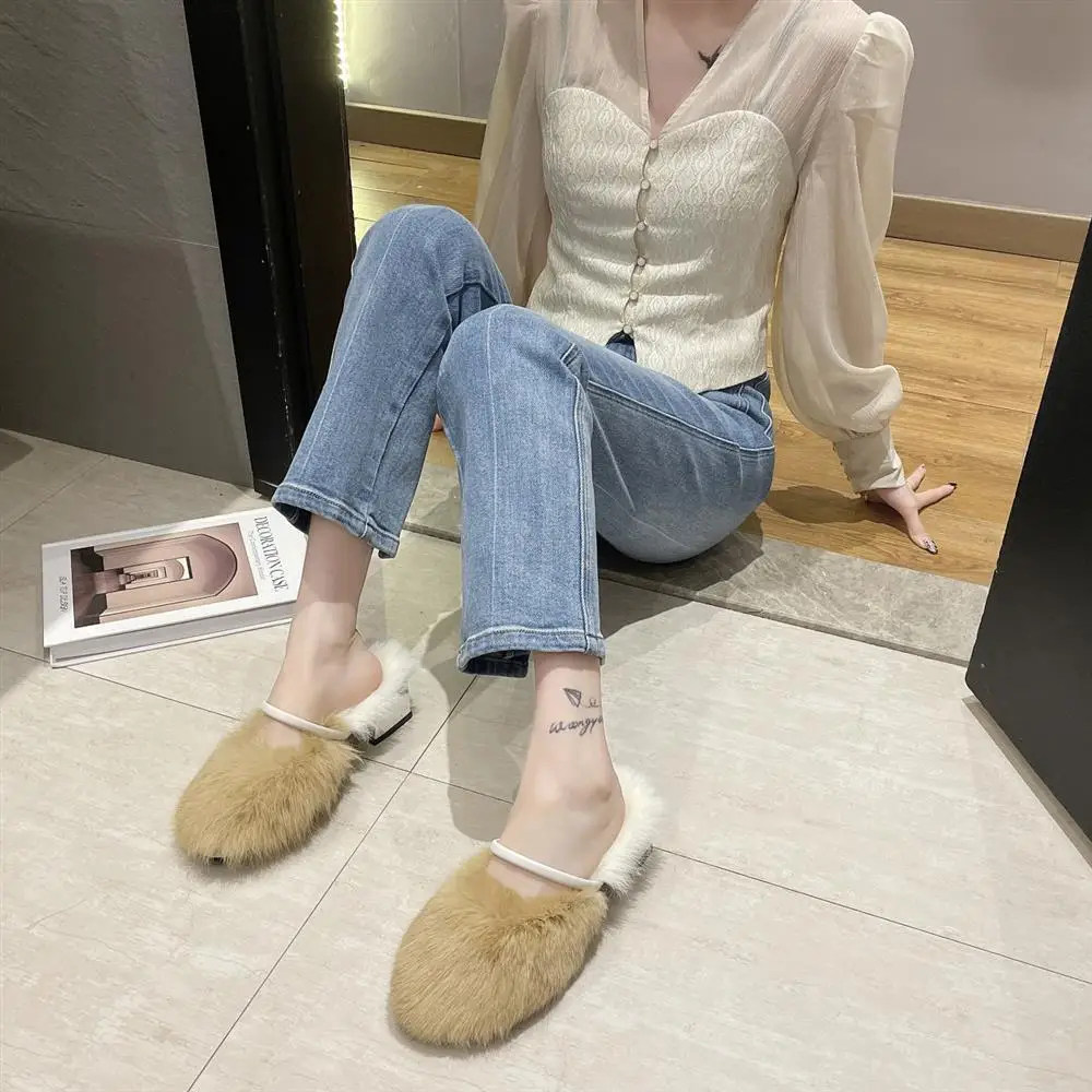 2023 New Fashion Fur Slippers Women Fluffy Plush Soft High Heel Sandals Winter Casual Outdoor Ladies Shoes Warm Cotton Slippers