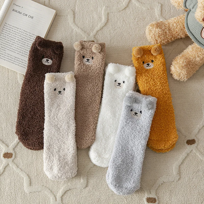 1/6 Pairs Women Coral Fleece Mid Tube Socks Three-Dimensional Ears Little Bear Warm Soft Comfortable Autumn Winter Casual Socks