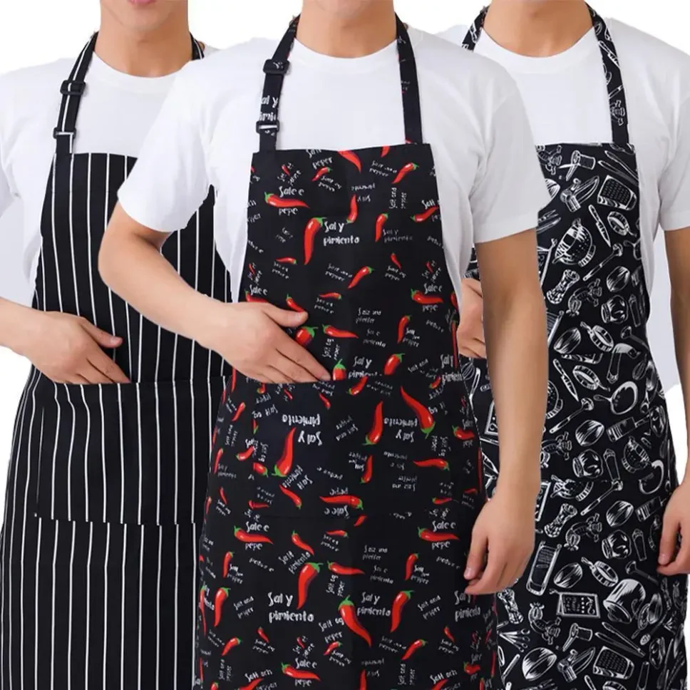 

Kitchen Cooking Apron Chef Halterneck Apron With 2 Pockets Catering Sleeveless Aprons Men Woman BBQ Waiter Printing Apron