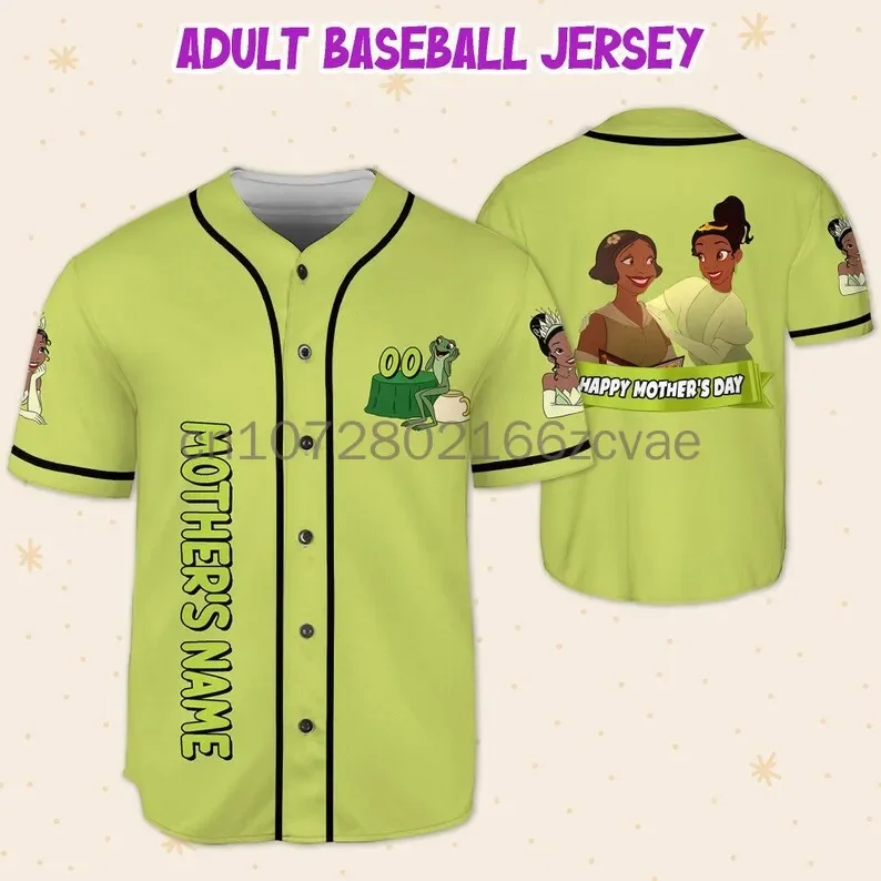 

New Disney Princess Tiana Baseball Jersey Short Sleeve Button Jersey Disney Baseball Jersey Casual Sports Shirt