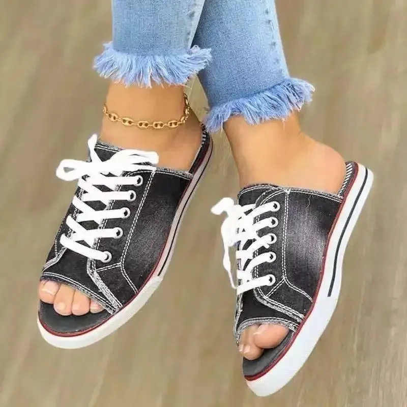 Ladies Slippers Canvas Lace-up Open-toed New Flat-Bottom Casual Women Fashion Denim Beach Shoes 35-43