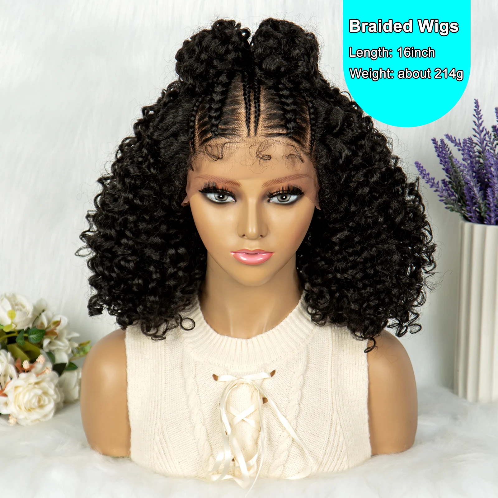 Kima Synthetische Krullende Bob Frontale Cornrow Gedraaid 16 Inch 13*4 Kant Pruik Voor Top Knoop Gevlochten Lint Bun Gevlochten Pruiken