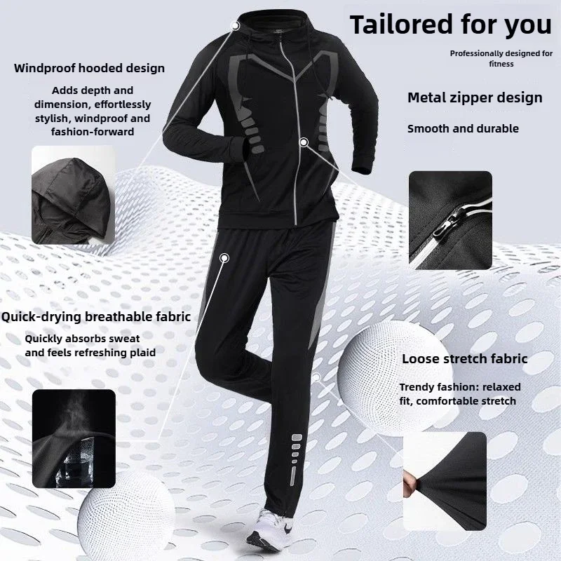 Men's 3-Piece Quick-Dry Tracksuit Set Running Workout Gym Training Jogging Suit with Jacket Hoodie and Pants for Cycling Sports