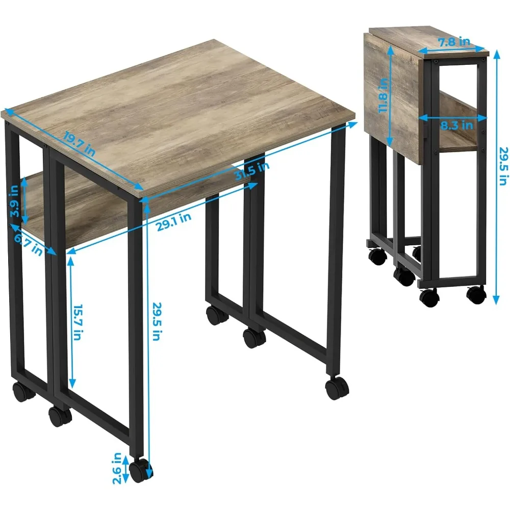 Compact Rolling Desk with Storage Shelf - 31.5 Inch Foldable Computer Desk for Small Spaces, Easy Assembly and Mobility