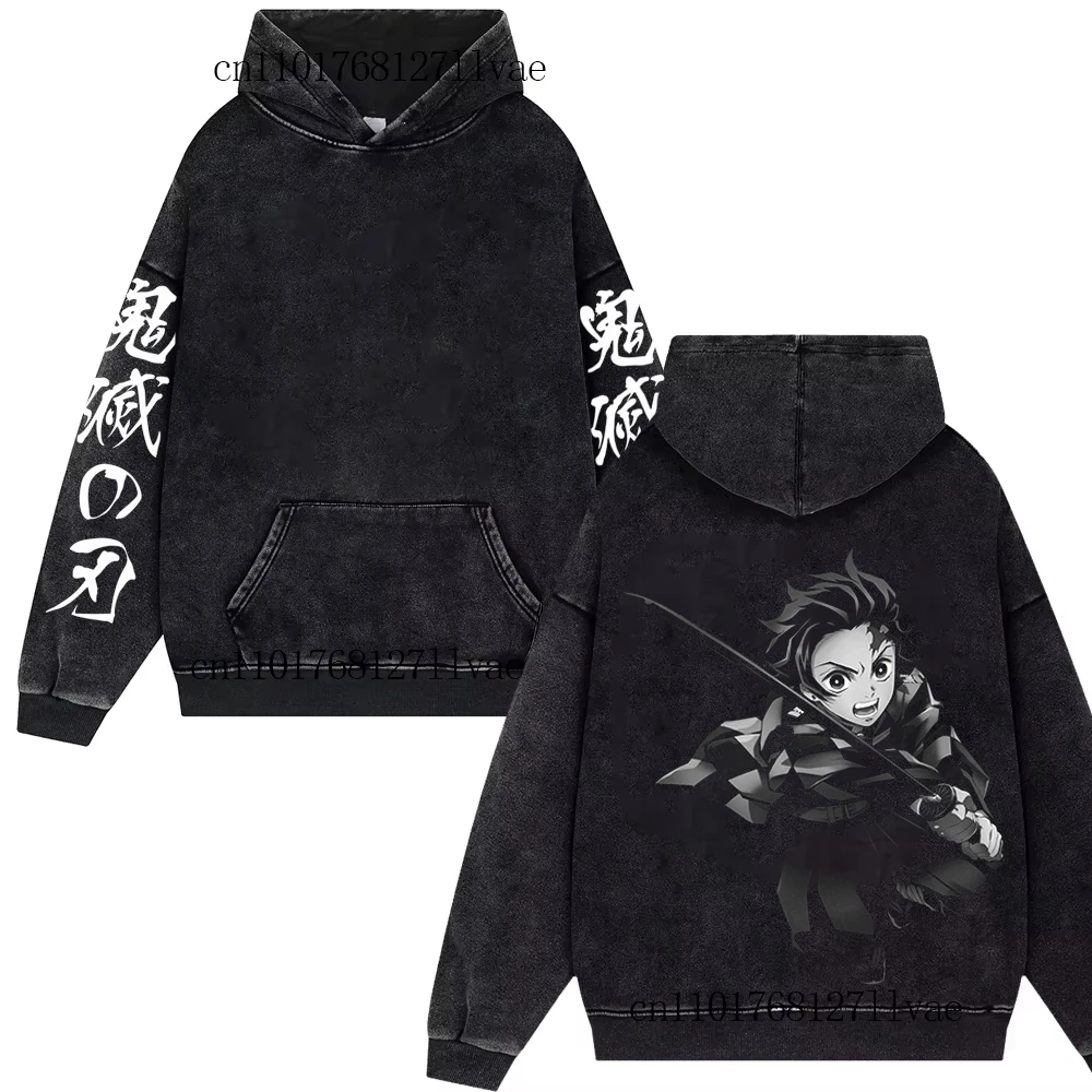 

Demon Slayer Kamado Tanjiro Vintage Washed Hoodies Mens Women Harajuku Streetwear Oversize Cotton Pullover Y2k Double Sided Coat
