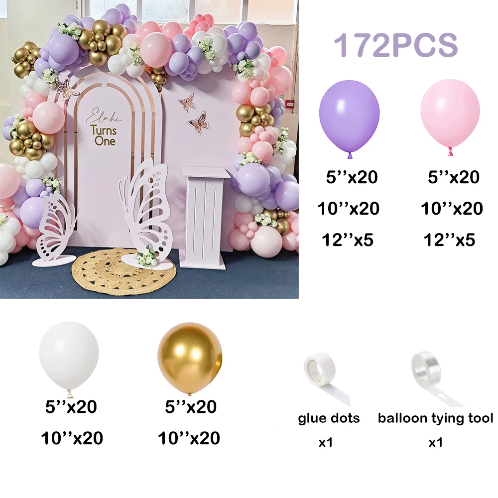 172pcs purple，pink，white，gold latex balloon arch set for birthdays，weddings，gender reveal，bachelorette party，family reunion