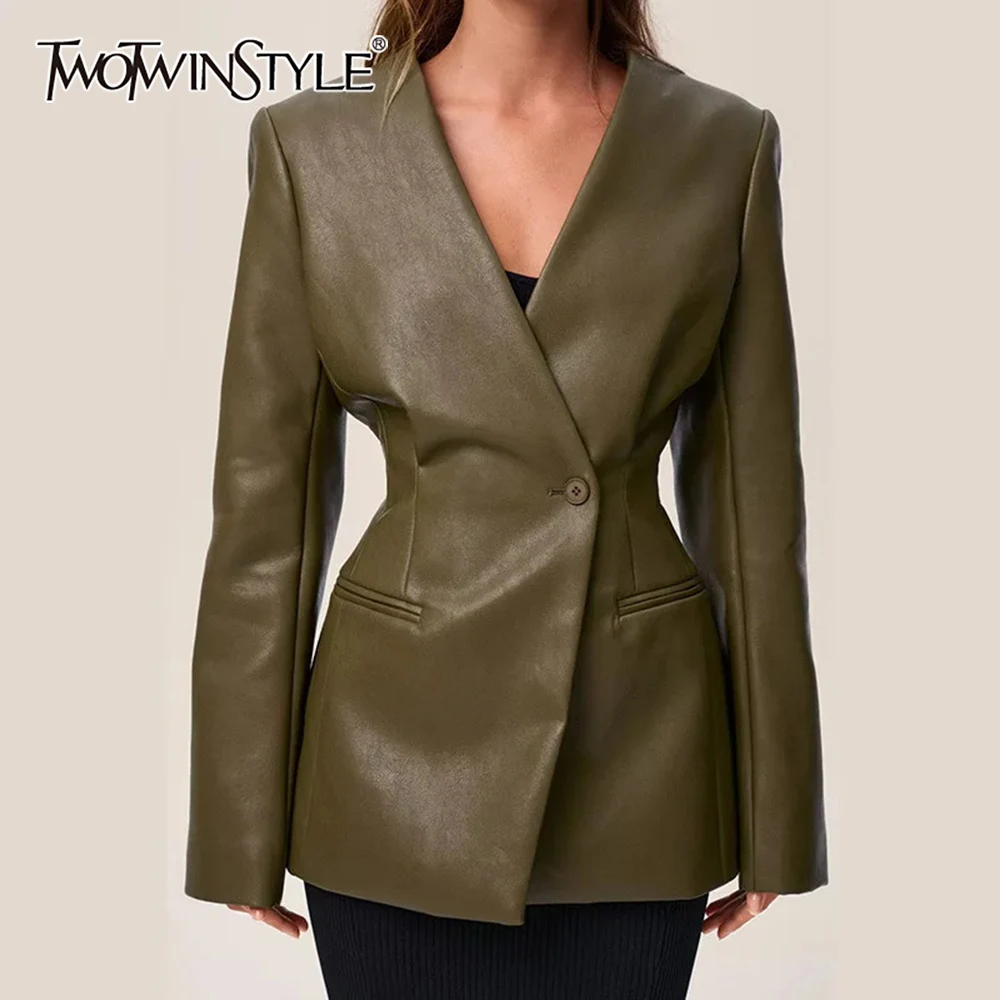 

TWOTWINSTYLE Fashion Pu Leather Jacket for Women V Neck Long Sleeve Spliced Single Button Slimming Office Lady Coat Female New