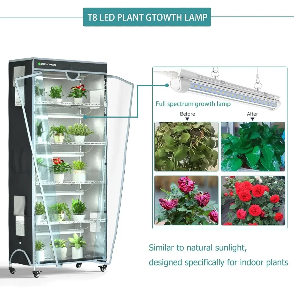 Greenhouses， Indoor Greenhouse With Cover 6-Tiered With 5 Sets Of T8 LED Growth Lights Plant Rack With Thermometer Timer For See