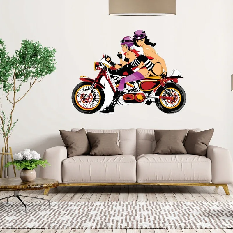 W1320 Fashionable Hot Girls Ride a Motorcycle Wall Sticker Waterproof Decal PVC Home Decoration Door Living Room Toile Bedroom