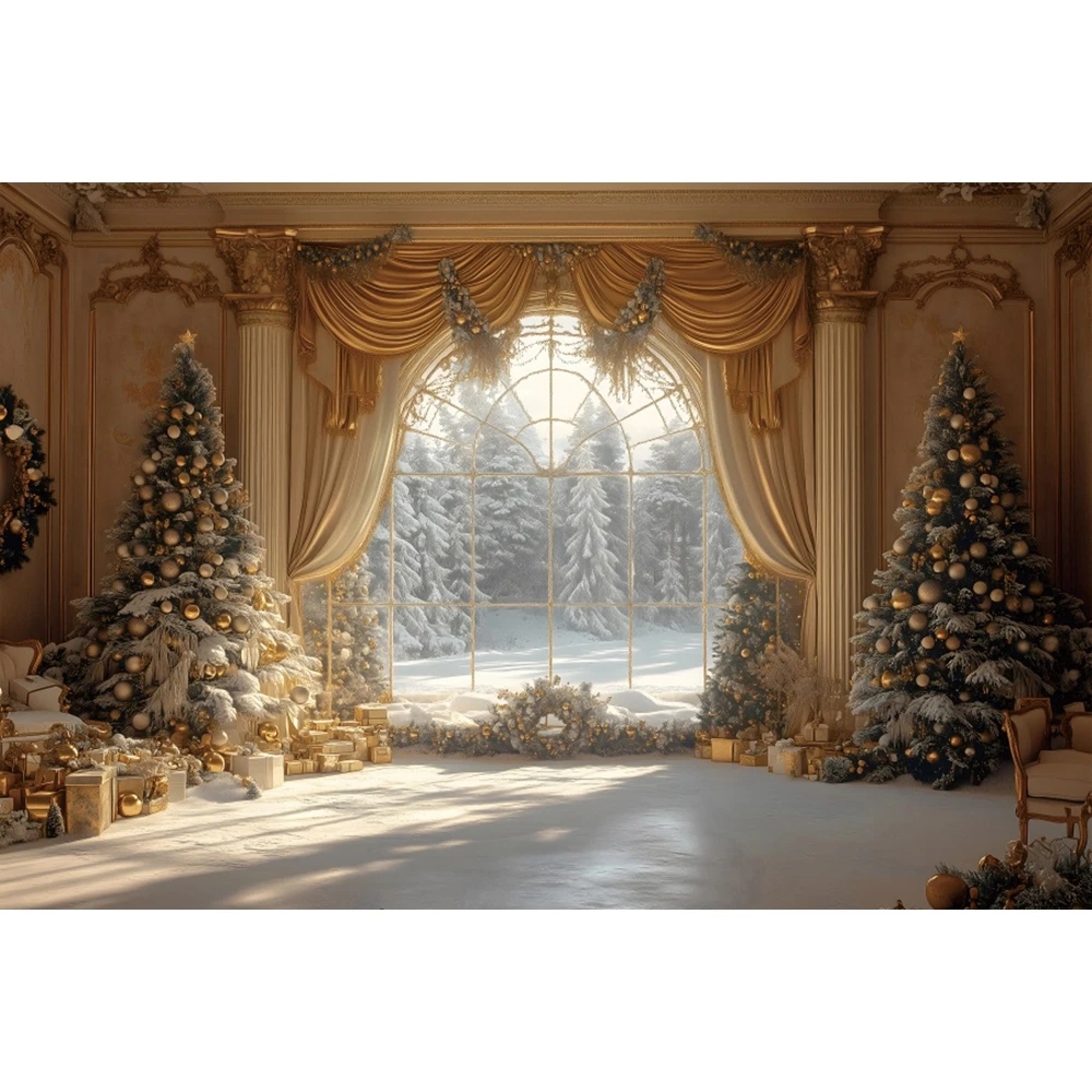 Indoor Christmas Photography Backdrop Christmas Tree Window Curtain Gifts Family Party Kids Portrait Xmas Photo Background Decor