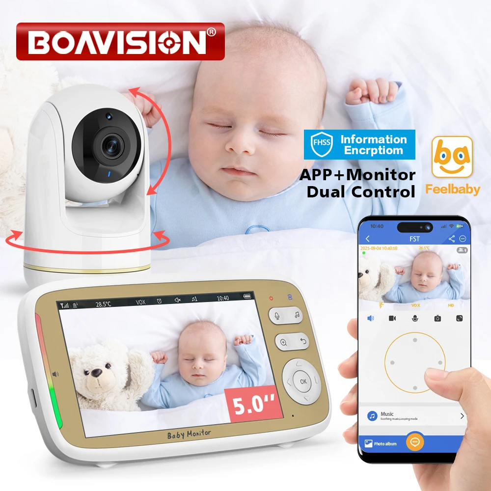 5'' Wireless Baby Monitor 3X Zoom PTZ Camera Feelbaby APP And Full Color IPS LCD Monitor Dual Control Security Camera BabySitter