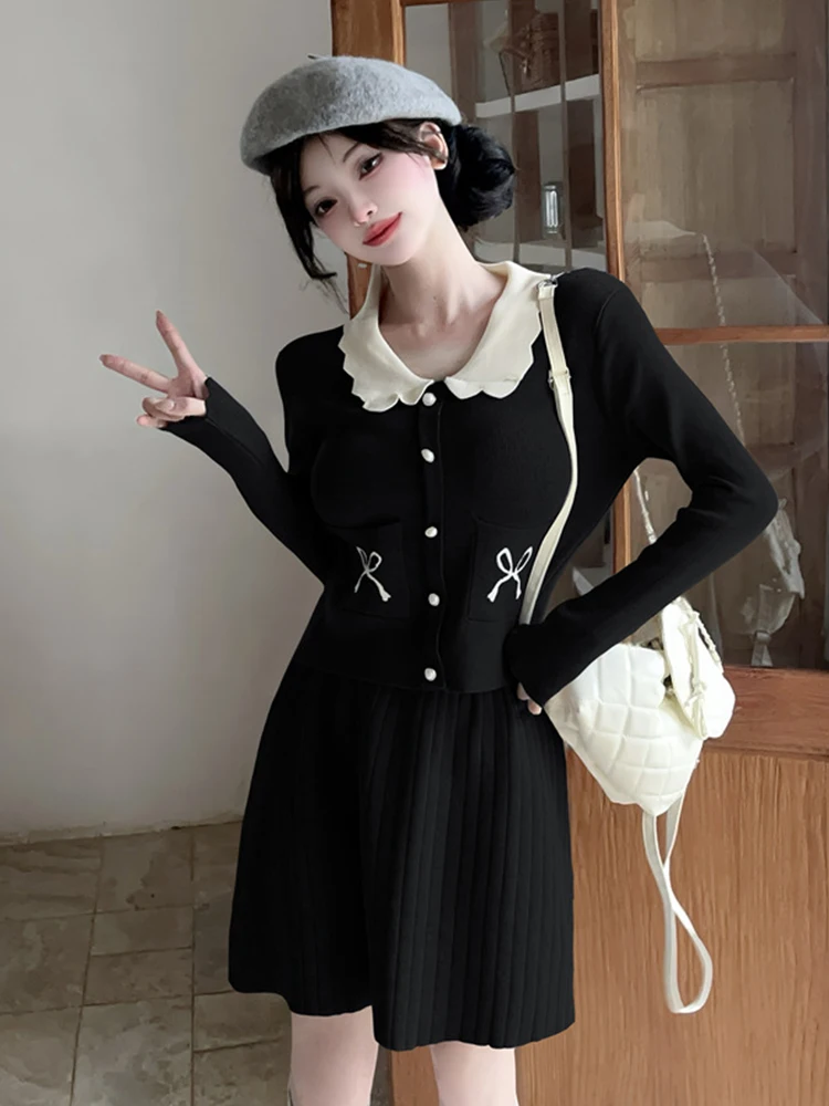 Женская одежда Sweet Kawaii Трикотажные комплекты из двух предметов Женские однобортные топы Свитер Пальто Куртка Короткая плиссированная юбка Комплекты