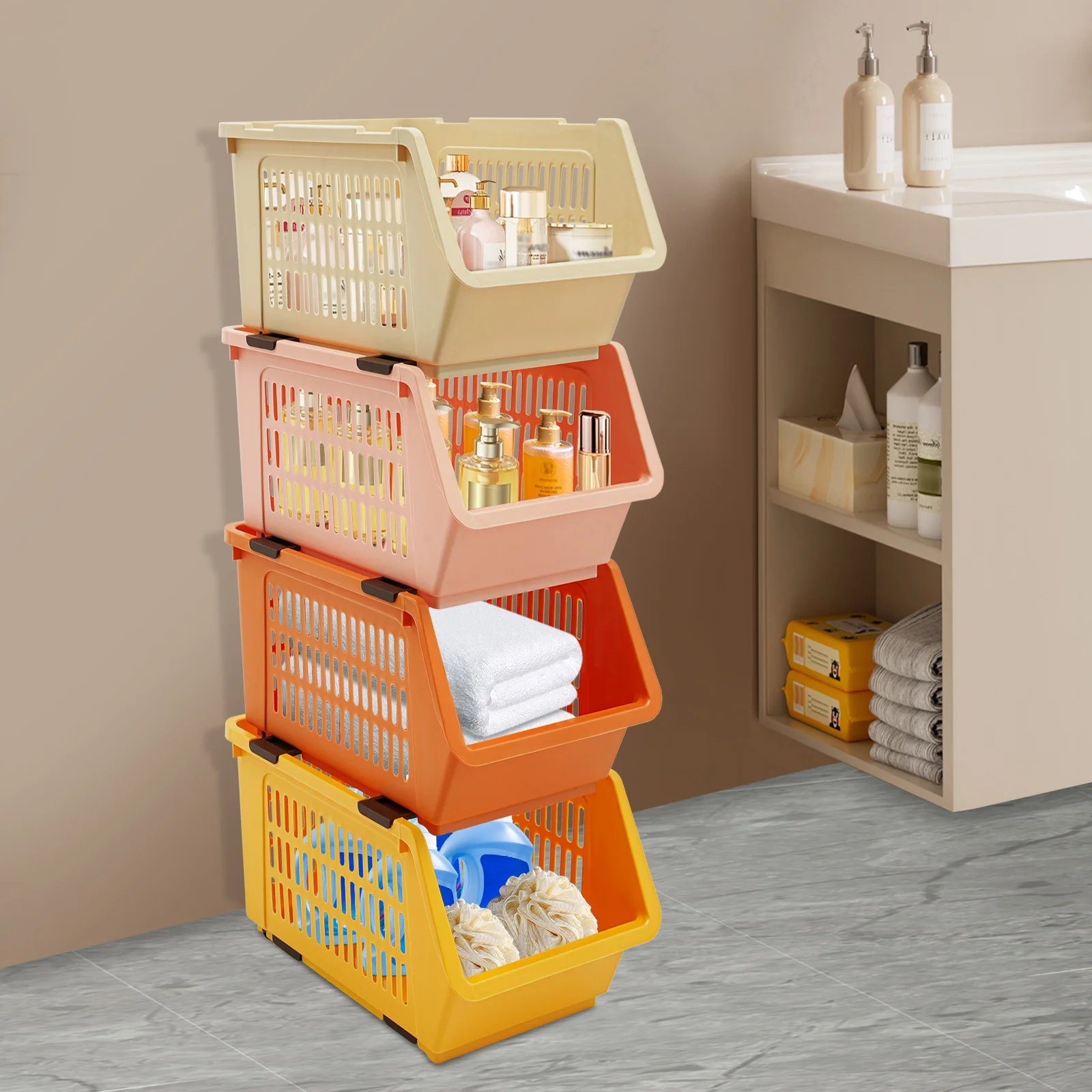 سلال تخزين كبيرة قابلة للتكديس، 4 صناديق تنظيم مع مقابض، صناديق بلاستيكية قابلة للطي لتنظيم مخزن الخزانة #3