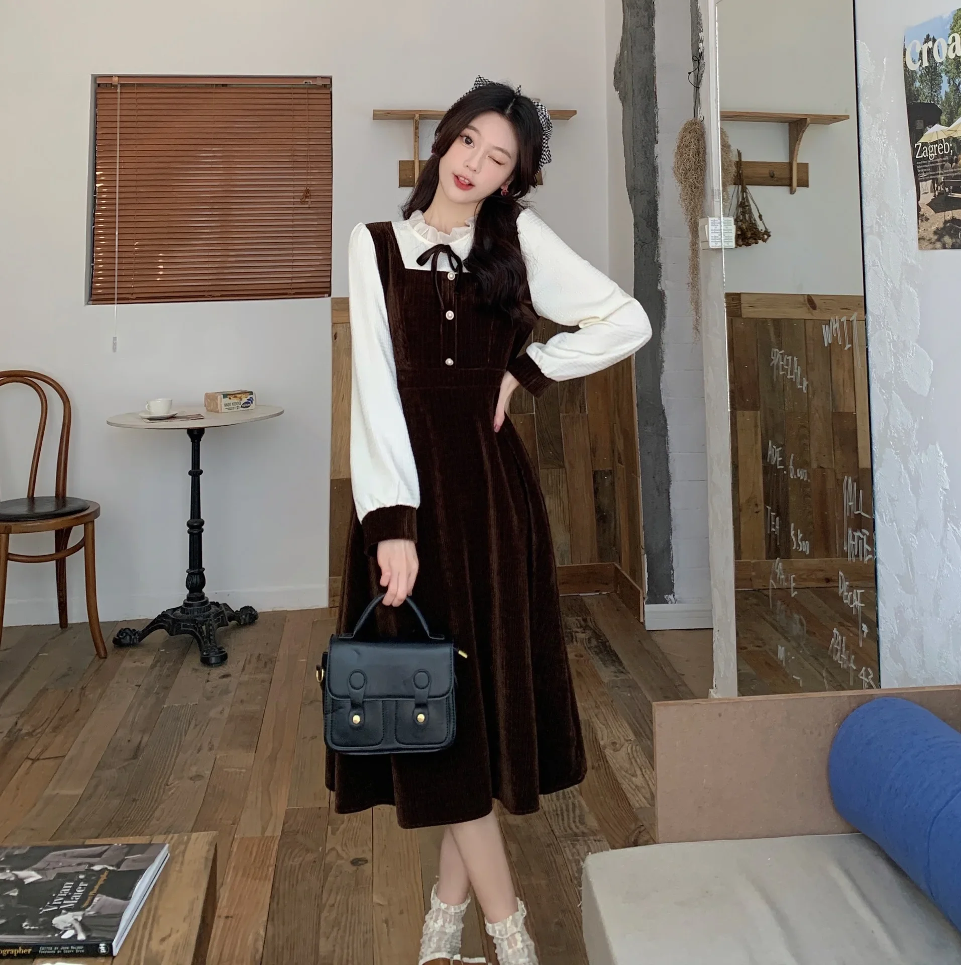 حجم كبير التخسيس النمط الفرنسي ميدي فستان وهمية قطعتين طويلة الأكمام الخريف الشتاء جديد وصول الخصر مقصوص للنساء القصيرة