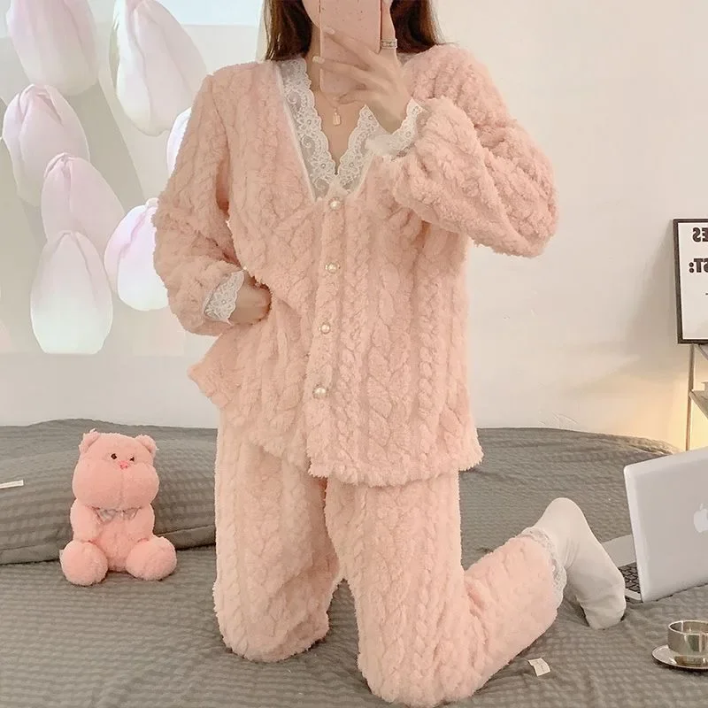 2024 New Coral Velvet pigiama donna inverno a maniche lunghe flanella Loungewear addensato peluche pizzo primavera autunno Homewear Set