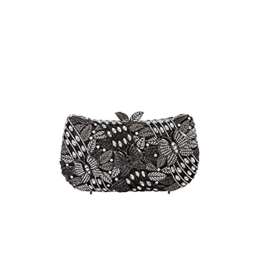 Evening bag for parties and banquets: floral butterfly design, rhinestone-embellished sparkly clutch in silver, lightweight sat
