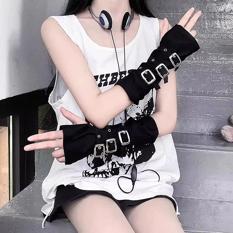 Guantes sin dedos estilo Punk con hebilla para mujer, mangas de baile callejero puesta en escena de Hip Hop, ropa de calle personalizable Y2K
