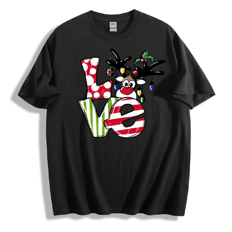 

Christmas Love Letter Reindeer Print T-Shirt Casual Comfortable Unisex Cotton Crew Neck Tee Top for Xmas Party & Holiday