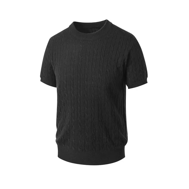 Slim Fit Mr. WH Knitted Sweater with Twisted Pattern Short Sleeve round Neck for Men And Women Large Size Linen Texture Top