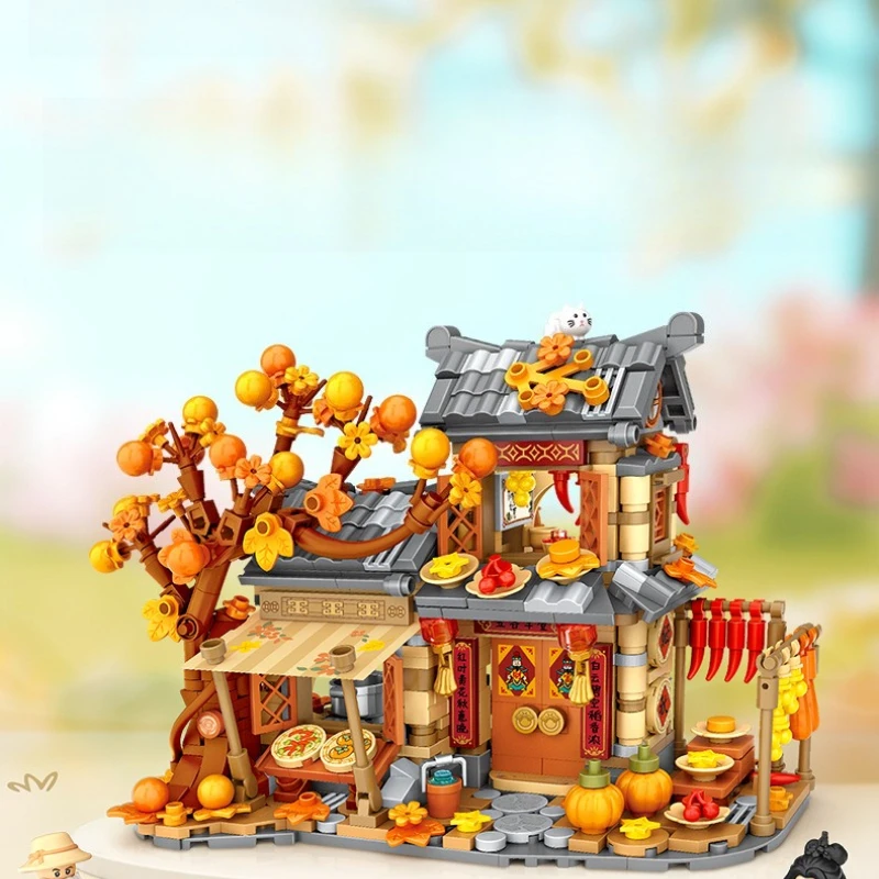 Mini outono fazenda pátio modelo blocos de construção moc vista natal casa montagem arquitetônica brinquedos tijolos presentes do feriado