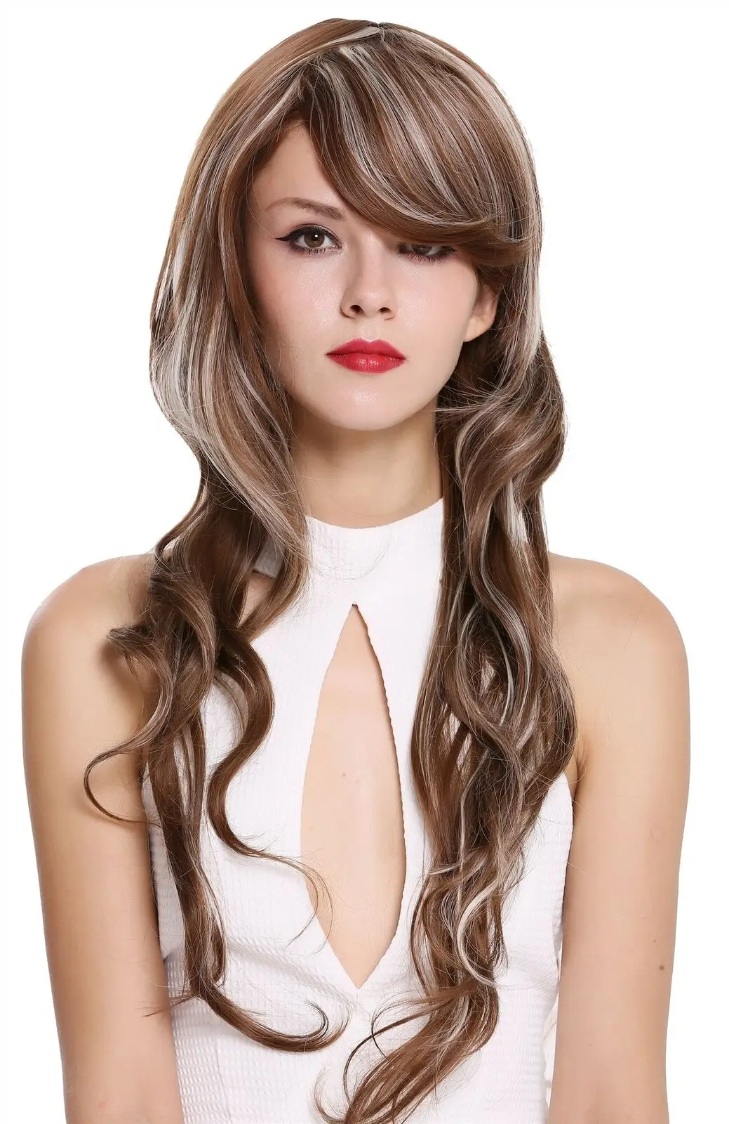 

Long Slightly Wavy Parting Braun Platinum Blonde Highlights Wig Synthetic