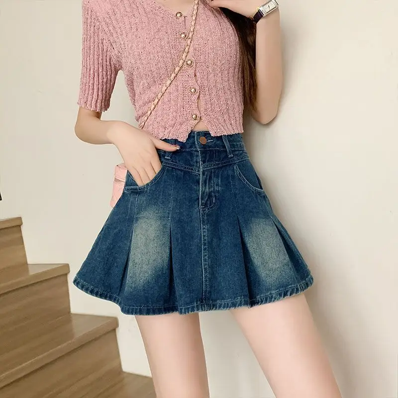 

Vintage Blue Ruffle Pleated Skirt for Sexy Women2025Young hot girl's casual denim short skirt with lining design to prevent expo