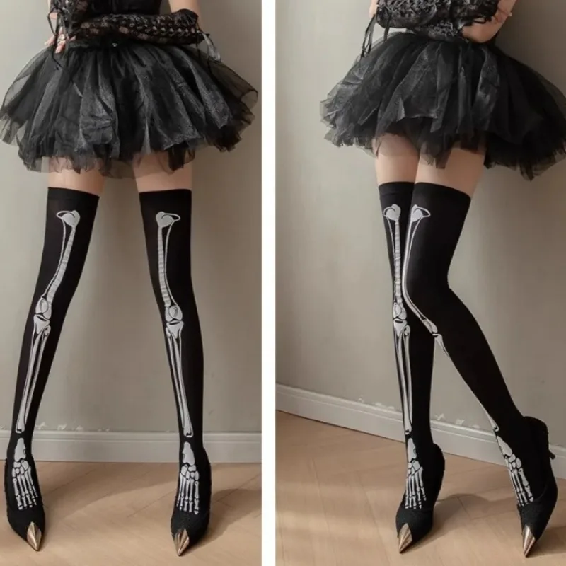 Calcetines hasta la rodilla con diseño de esqueleto oscuro Harajuku para mujer y niña, ropa de calle gótica Punk, informal, Retro, hueso de pierna fósil largo