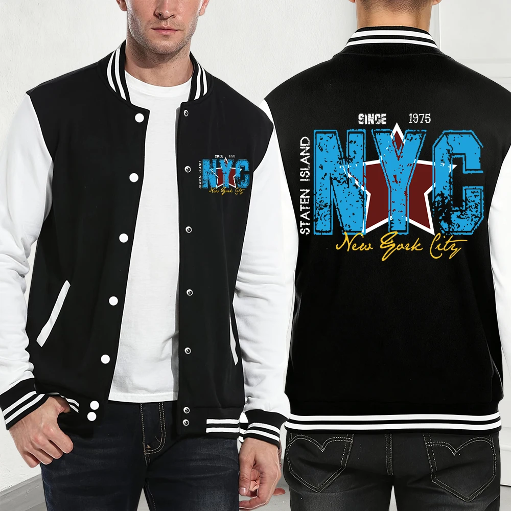 

New York City Staten Island Prints Baseball Jersey Mens Autumn Casual Coats Comfortable Pocket Jackets Fleece Warm Loose Clothes