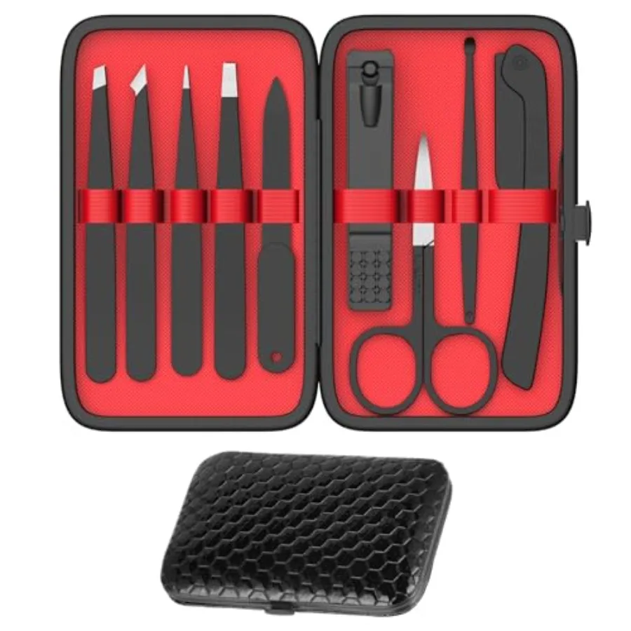Tweezers and Nail Clippers Set, 9 Pcs Professional Stainless Steel Tweezers Kit-Great Precision Tweezers with Curved Scissors a