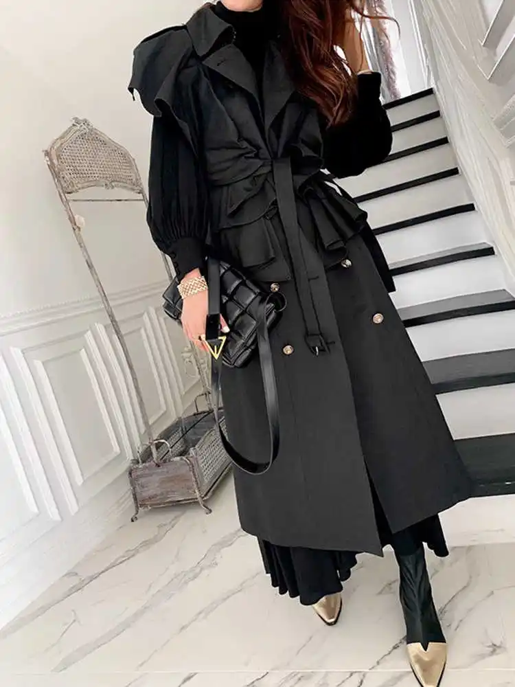 Clothland Women Chic Long Trench Coat Ruffle Double Breasted Sleeveless Waistcost Vest Belt Jacket Tops Mujer CB126