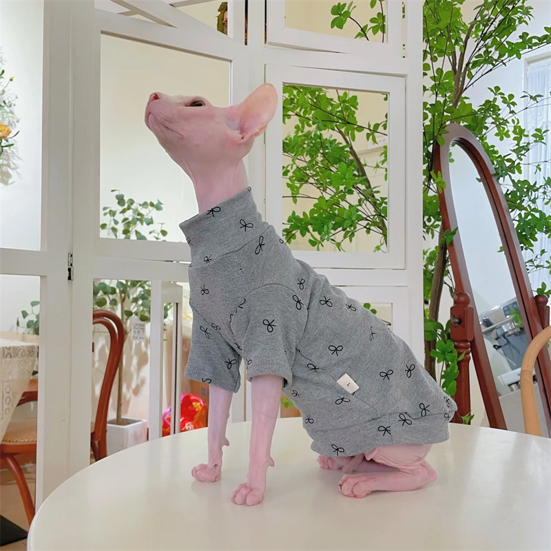 High-neck Grey Cotton Coat for Cat Winter Soft Warm Cute Bow Sweatshirt for Sphynx Cat in Autumn Devon Skin-friendly Loungewear