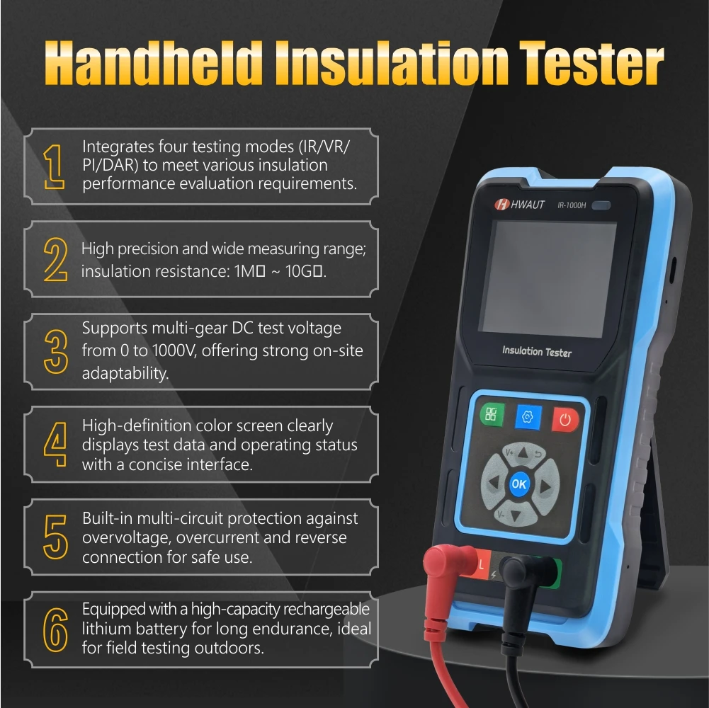 IR-1000H Digital Megohmmeter 1000V Insulation Tester 10G Ohm HD Color Screen Megger Meter with PI DAR VR IR Multimeter Tool
